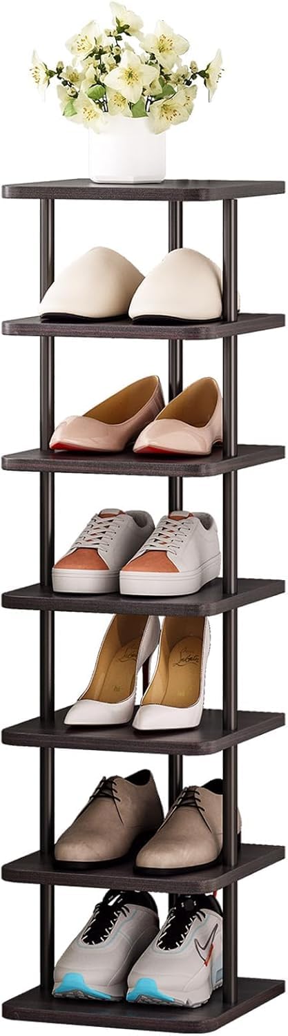 Dazioter 7 Tiers Vertical Shoe Rack Wooden Shoe Storage Organizer for Space Saving Narrow Shoe Shelf Storage 7 Pairs for Entryway Living Room Bedroom