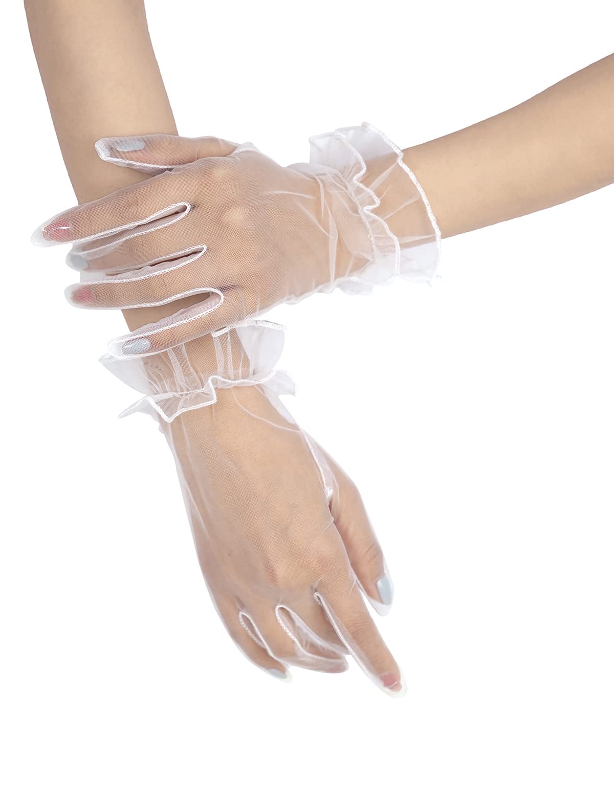 QRBTSCL Women's Ruffled Tulle Mesh Gloves Wedding Party Gloves Short Prom Evening Gloves, White, One Size
