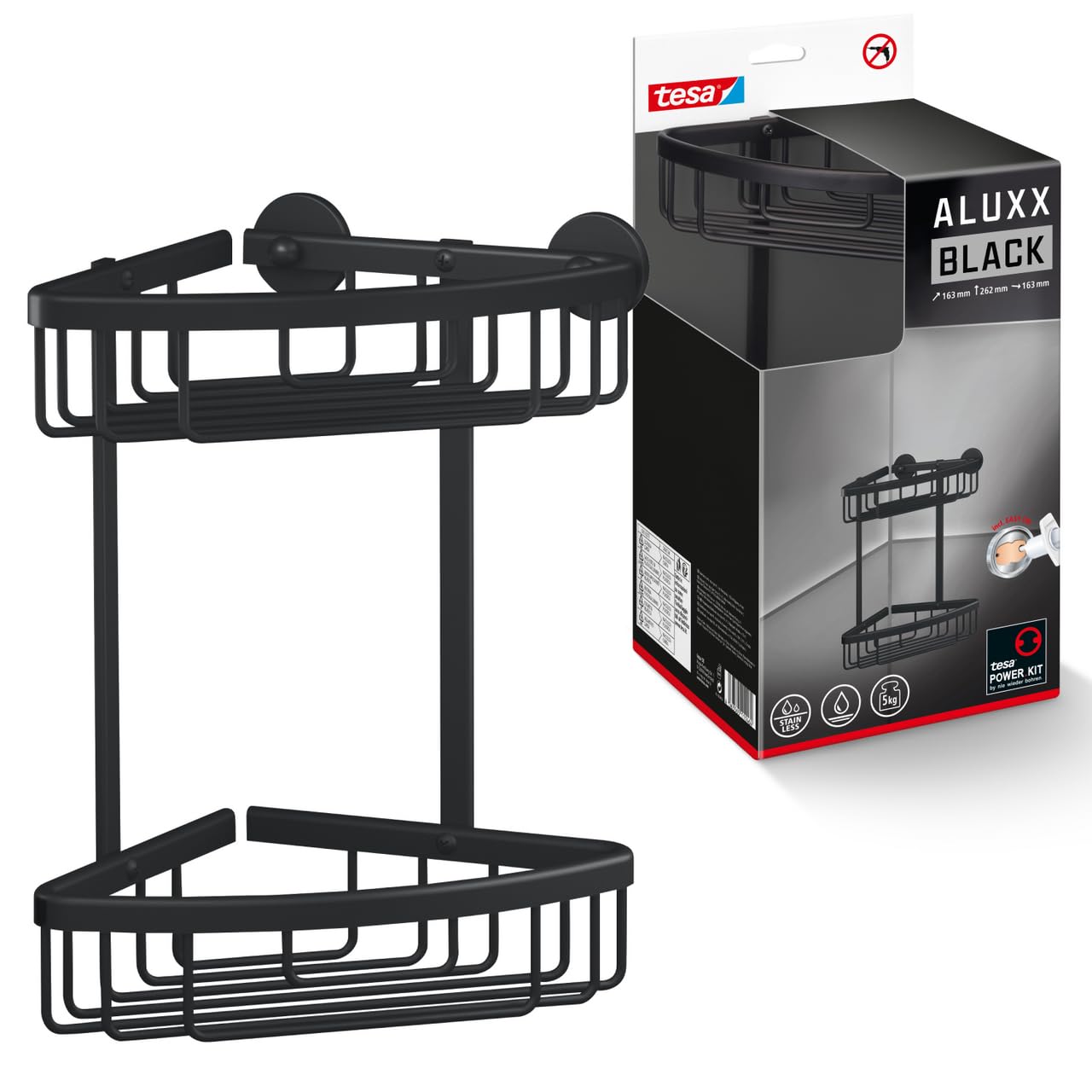 tesa ALUXX BLACK Cesta Rinconera de Ducha, Negro Mate - Dos Niveles - Baños Modernos y con Estilo Industrial - Montaje Adhesivo sin Taladrar - 262 mm x 163 mm x 163 mm