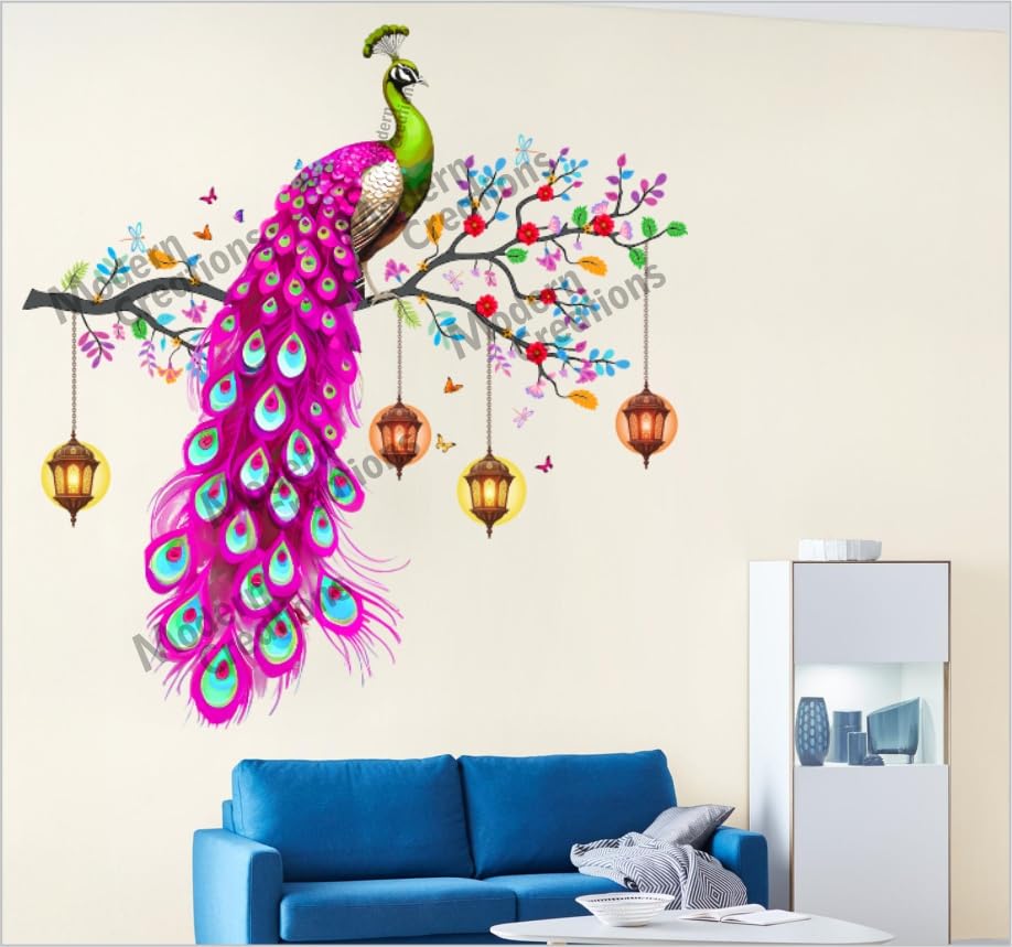 Image of Peacock Wall Sticker Vinyl, Colourful Wall Art Decal with Hanging Lanterns, Decorative Sticker for Living Room, Multi-Colour