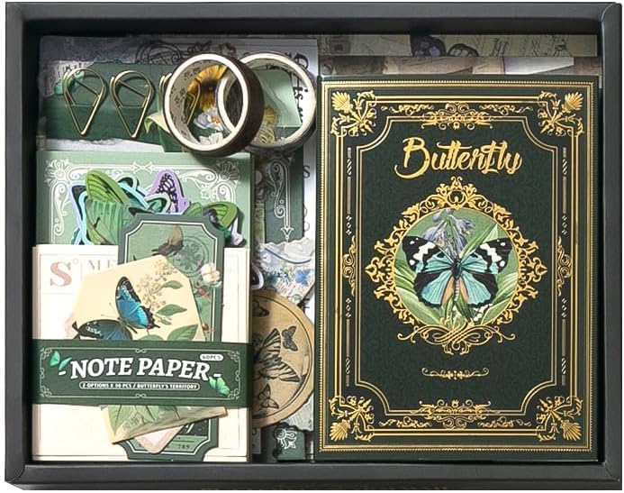 Image of MGNLR Vintage Aesthetic Scrapbook Kit(346Pcs) Scrapbooking Supplies Kit with Bullet Junk Journal,Stationery,A6 Grid Notebook Journaling Gift for Girl (Green Forest Butterflies)