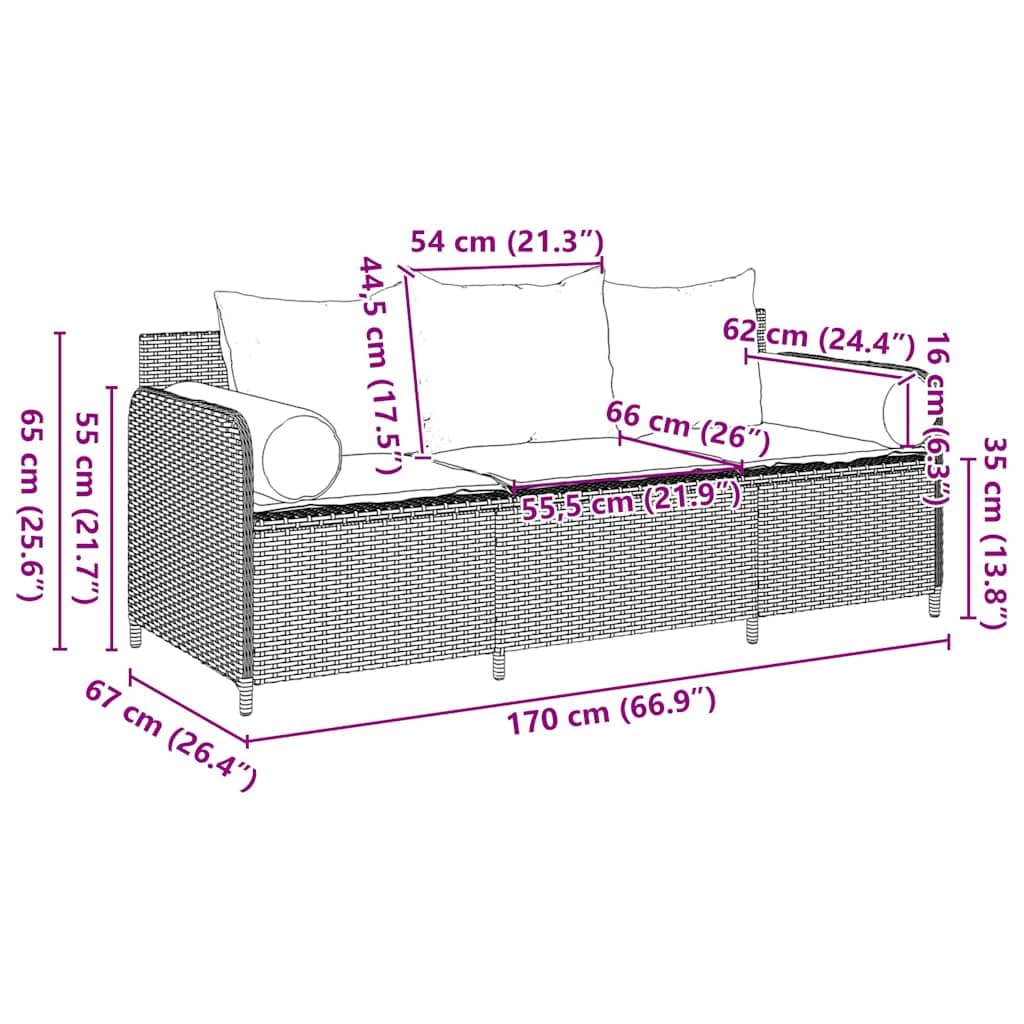 vidaXL Divano da Giardino con Cuscini 3 Posti Grigio in Polyrattan, Divano da Esterno, mobili da Giardino, mobili da Giardino