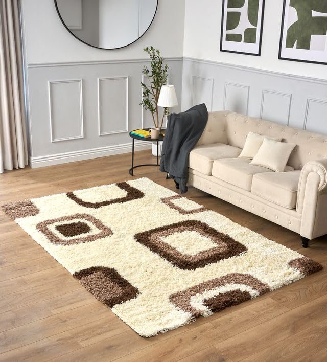 Bravich Small Cream Brown Beige and Ivory Cube Boxed Pattern Square Design Mix Thick Shag 5cm Super Soft High Deep Pile Shaggy Area Rug Carpet, 200 x 290 cm (6ft7 x 9ft6) — image 1