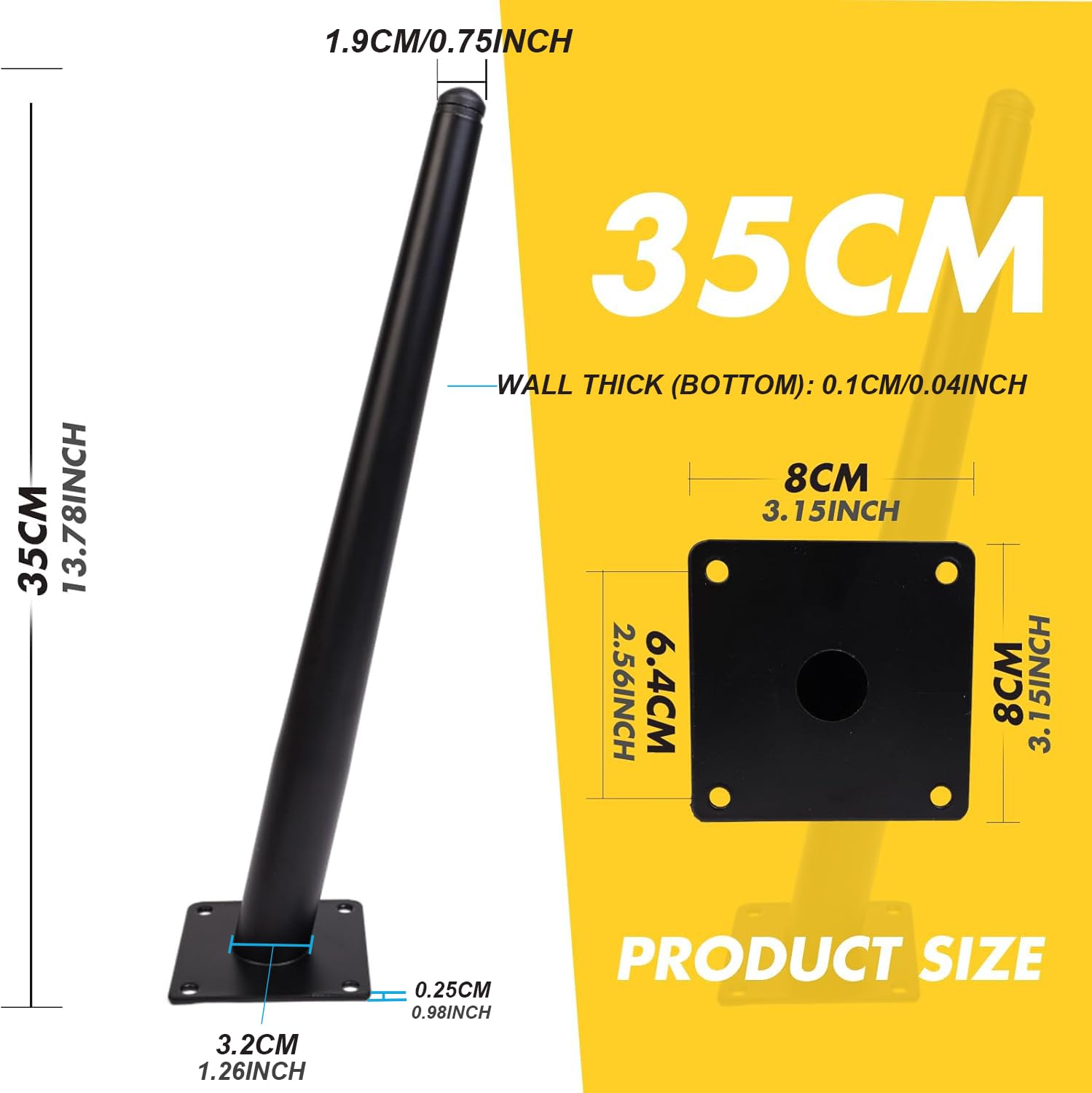 4 Pièces Pieds de Meuble Métal 35cm,Base Conique pour Table Basse | Design Conique Épuré en Noir,Structure Stable Pied pour Bureau Canapés, Meubles TV,Chaises et Armoires,Installation Simple