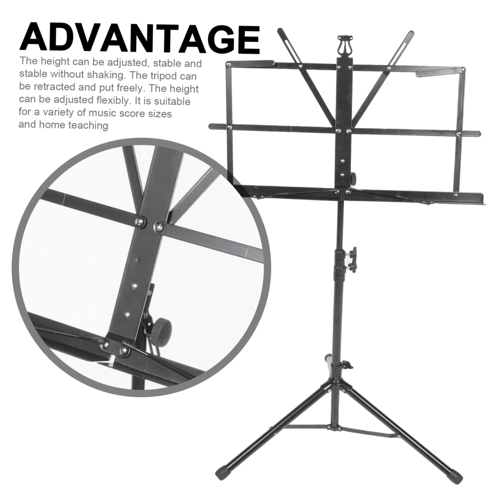 Leggio per Spartiti Musicale Pieghevole, Altezza Regolabile, Ferro Nero, Base a 3 Gambe, Lettura Comoda da Terra, per Concerti All'aperto