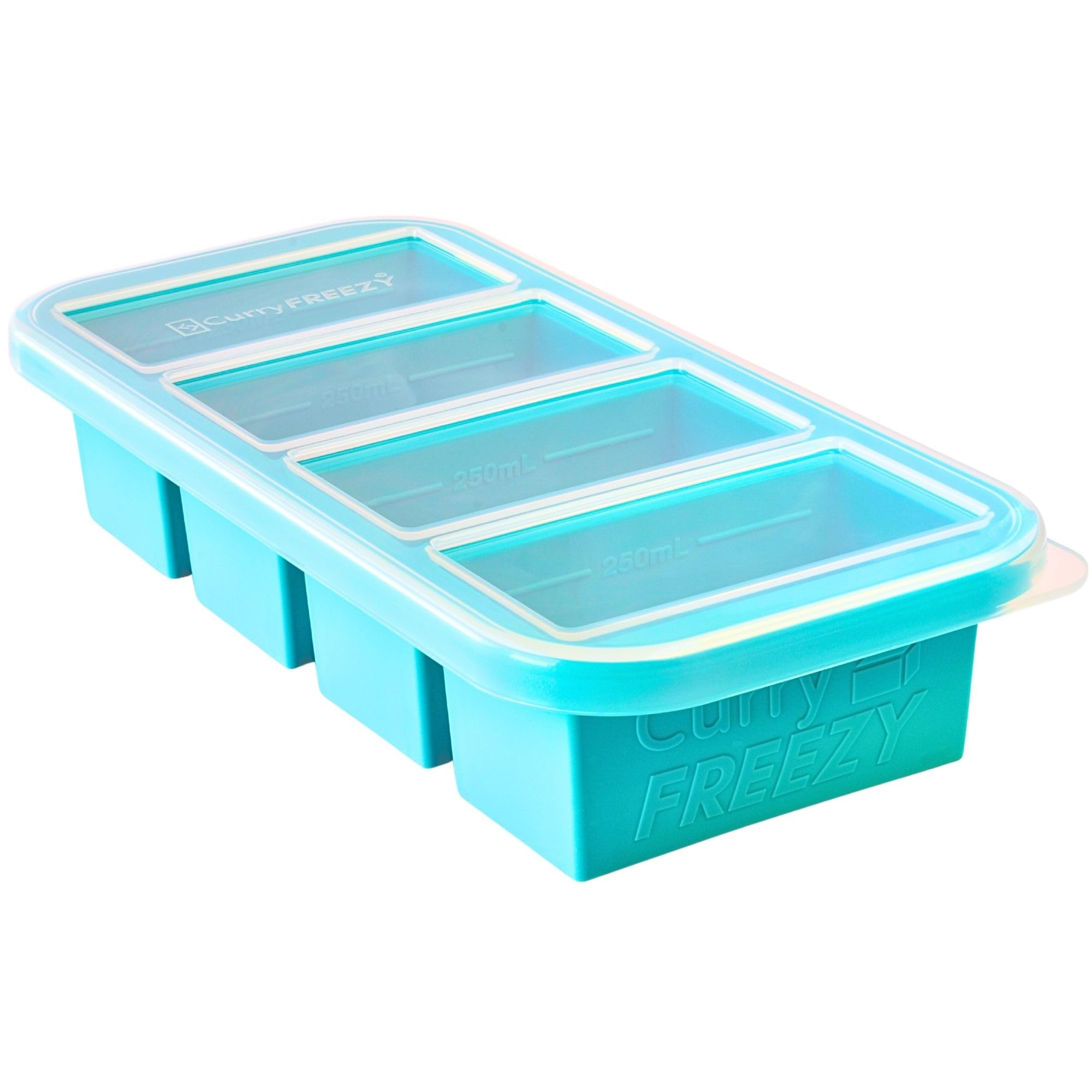 CURRY FREEZY Silicone Freezer Tray With Lid, Easy Meal Prep Container and Kitchen Storage Solution, Silicone Freezer Container Food Molds to freeze & Store Soup, curry, Sauce, Broth, Leftovers,4CV-BL CF-FT-4CV-BLUE