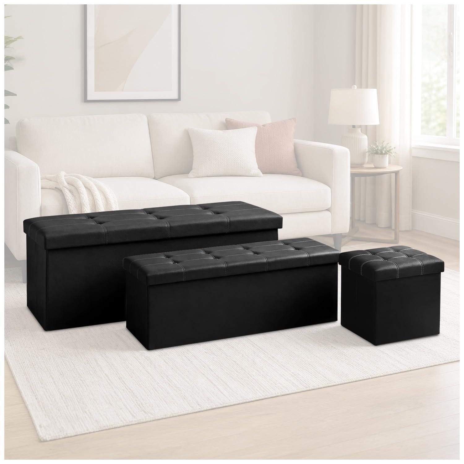GC GAVENO CAVAILIA Leather Ottoman Storage Box Large With Lids, Black