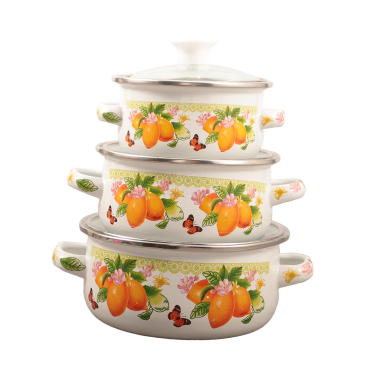 3 Pentole Smaltate con Coperchio, Pentole per Zuppa a Doppio Manico, Smaltate per Ristoranti, Sale Da Pranzo E Cucine, Limone