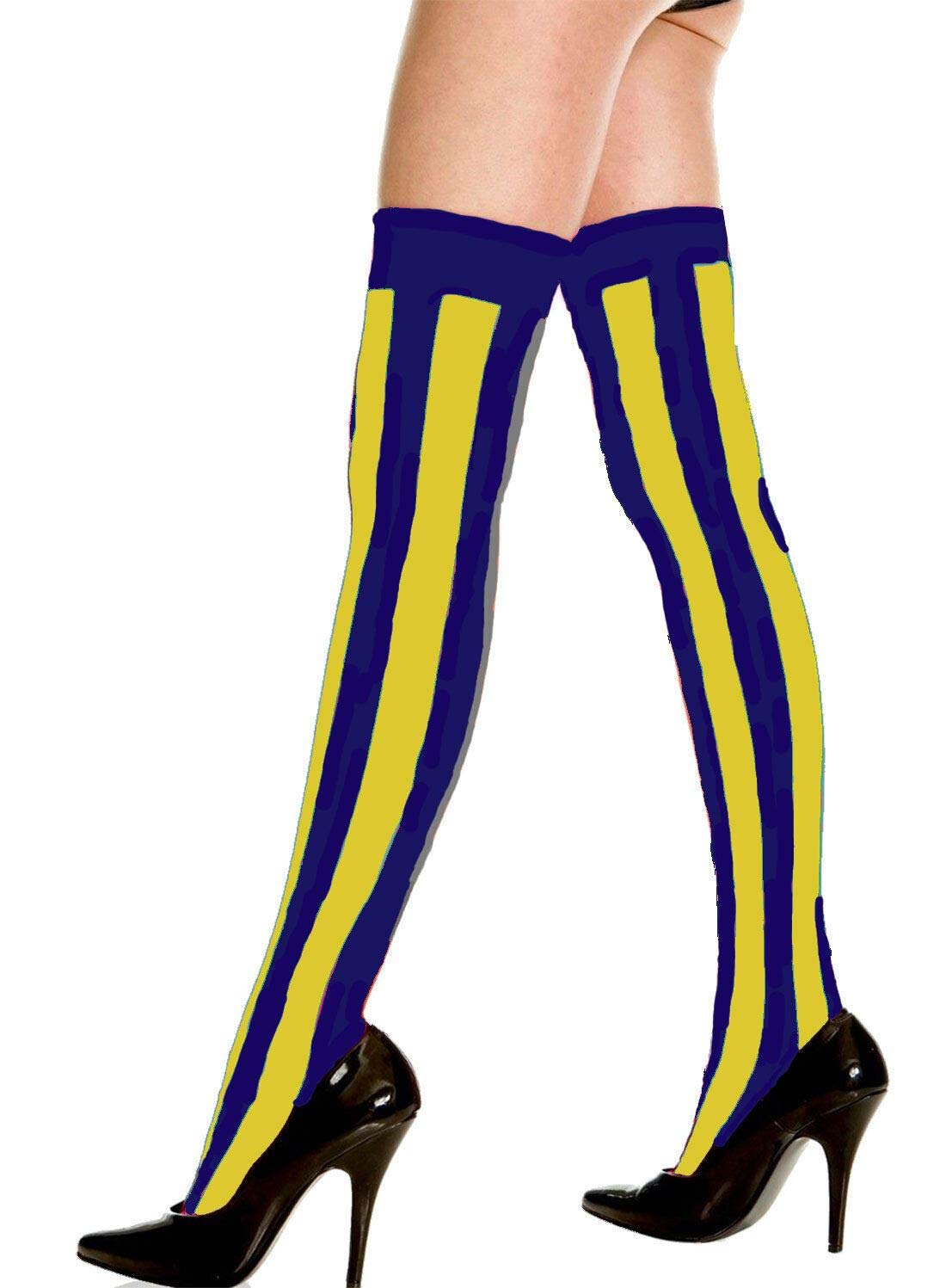 Ladies Stripe Printed Over the Knee High Socks Women Fancy Stretch OTK Socks Blue/Yellow Vertical Stripe 3 Pack