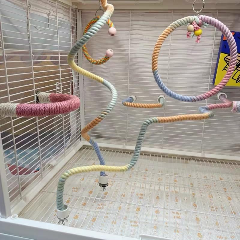 Image of 3 Pcs Bird Perch Rope Stand & Swing Ring Set Climbing Rope Playing Toys for Bird Cages Colorful Stand Perches for Parrots Lovebird Cockatiels