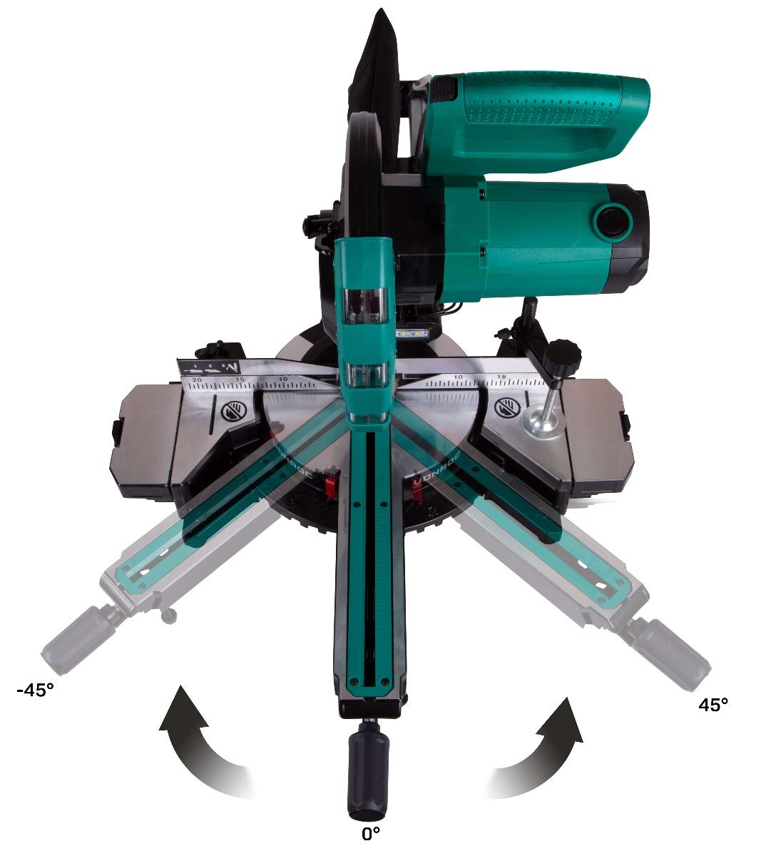 VONROC MS500AC Mitre Saw showing miter angle adjustment from -45 to +45 degrees