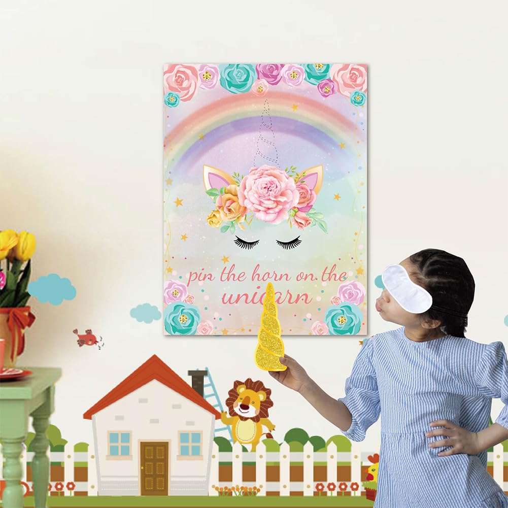 Pin The Horn On The Unicorn Party Gioco,Interattivo Unicorno A Tema Gioco Decorazioni Kit,Con 24 Corna Poster Maschera Per Gli Occhi, Per Feste Di Compleanno Per Bambini