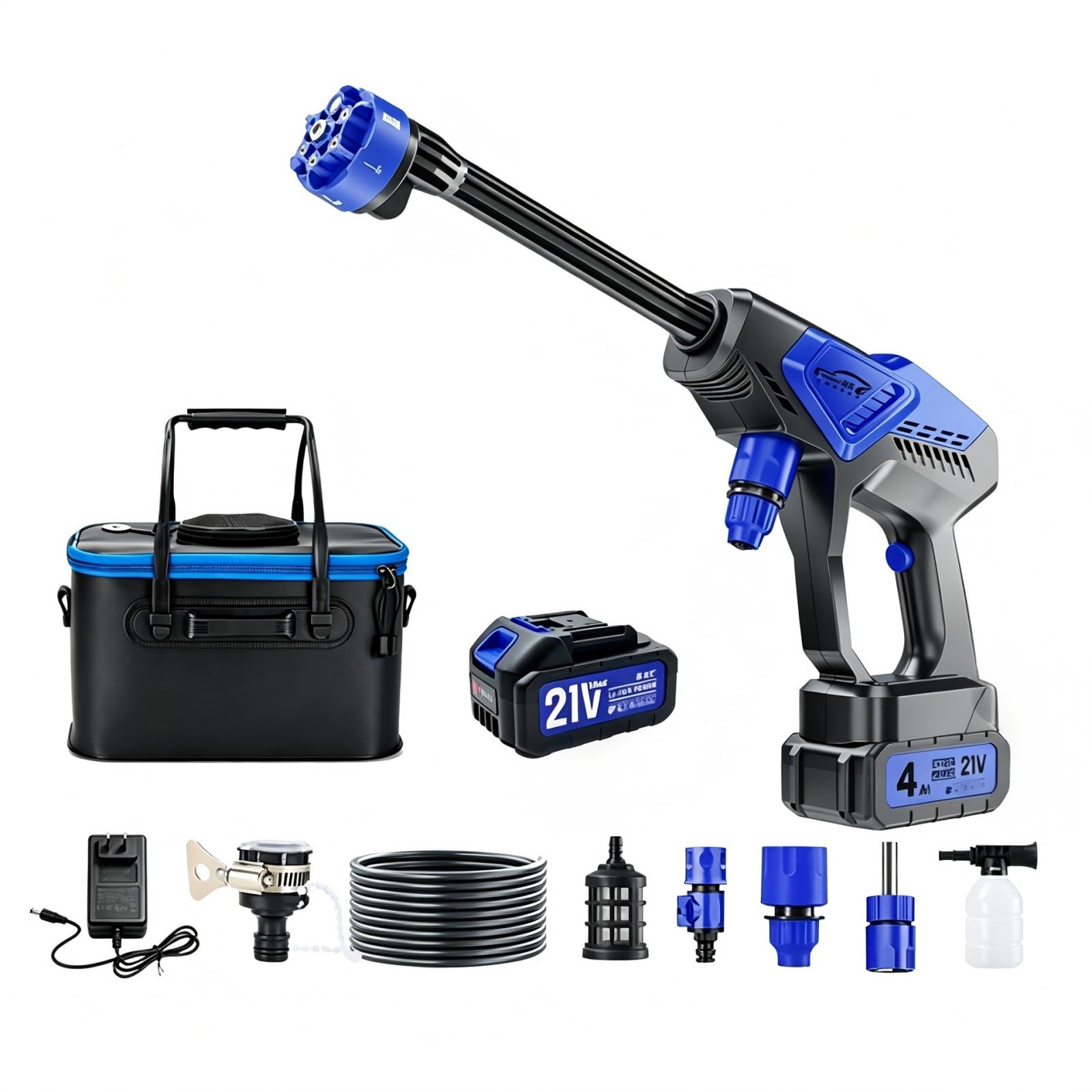 Hidrolimpiadora Inalámbrica 21V Pistola Lavado Coche Portátil Batería Extraíble Boquilla 6 Modos Manguera 5m Autoaspirante para Coche Terraza Jardín Limpieza Doméstica Exterior