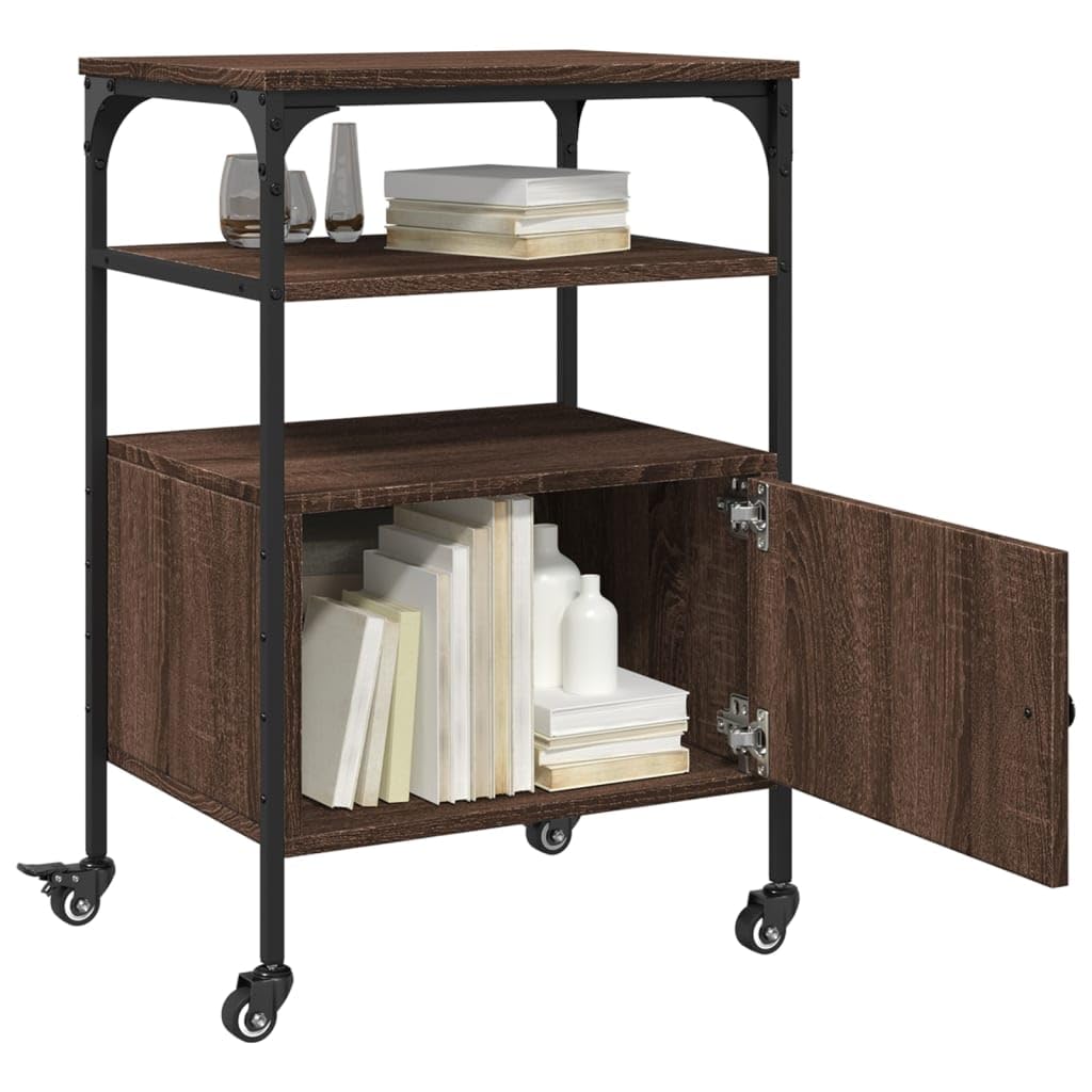 Druckertisch Braun Eichen-Optik mit 3 Ablagen, Druckerständer Büro 50x40x76 cm, Druckerregal aus Holzwerkstoff und Stahlrahmen, 4 Rollen mit 2 Bremsen, multifunktional