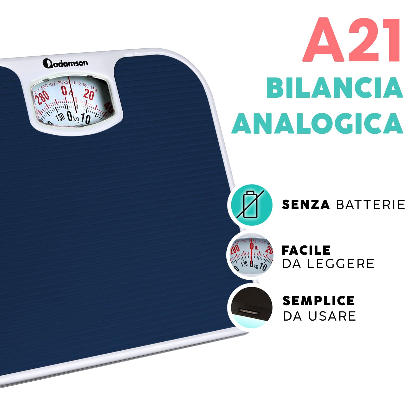 Adamson A21 Bilancia Pesapersone Meccanica - Fino a 136 KG - Superficie in Gomma Antiscivolo - Bilancia Pesapersone Analogica - Bilancia Analogica con 20 Anni DI Garanzia - Blu