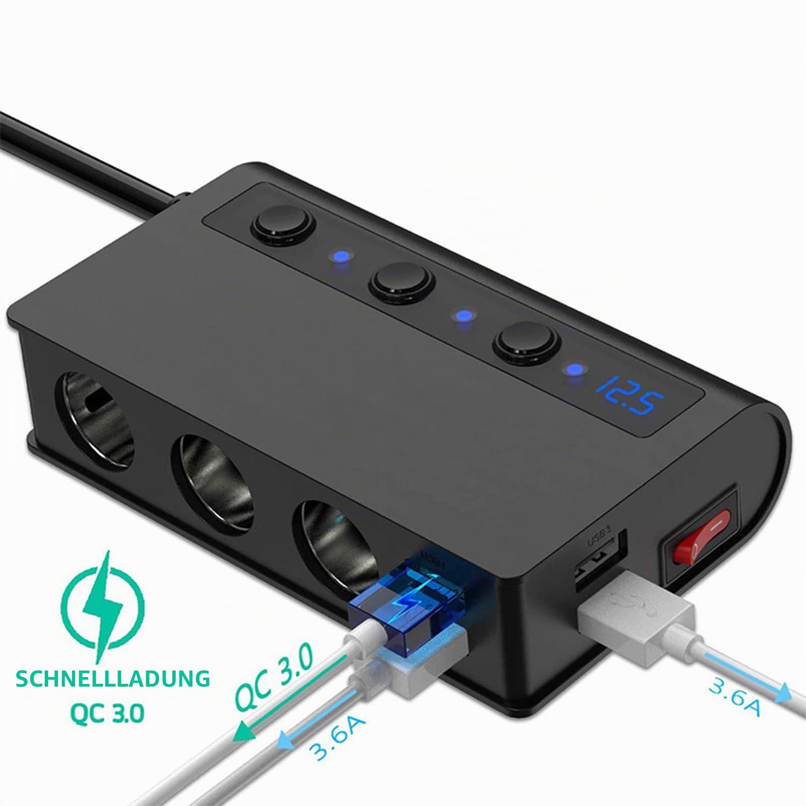 Auto Ladegerät Zigarettenanzünder Sockel Splitter 180W Zigarettenanzünder Adapter mit 4 USB Ports Separate Schalter Spannungsanzeige QC3.0 Schnellladung Für Telefon Tablets Dash Cam