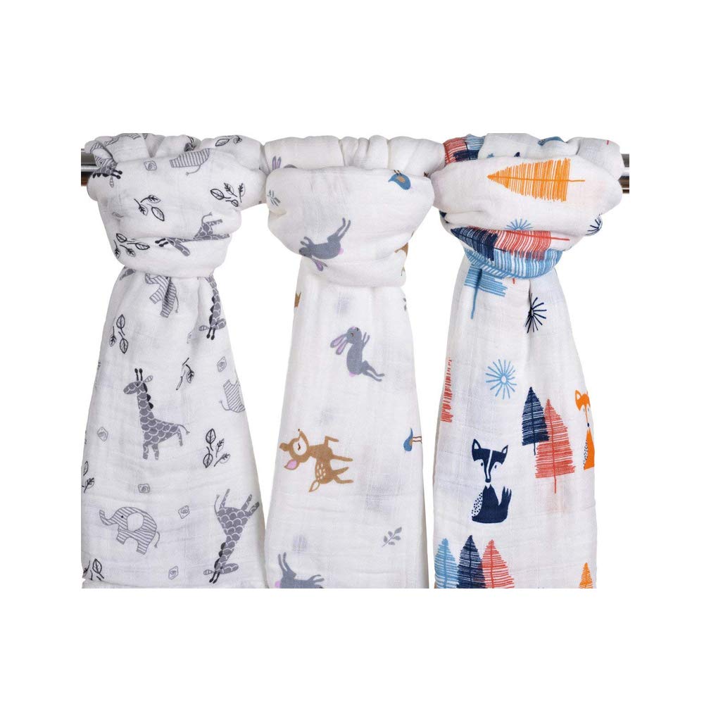 Bambino Swaddle Coperta mussola, 47x47 (3 Pack)"Fox & Deer & Girafe Stampa" Organic mussola di cotone Copertina per per i ragazzi e le ragazze, panni del Burp & Passeggino Copertina