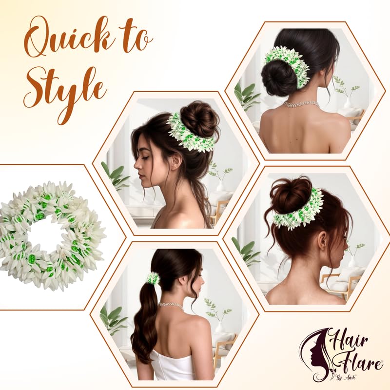 Image of Hair Flare Set of 2 Artificial Mogra Gajra Juda Bun Flowers for Hair | Reusable Floral Hair Accessory with Green Thread for Bridal, Festive & Traditional | Women & Girls Juda Decoration