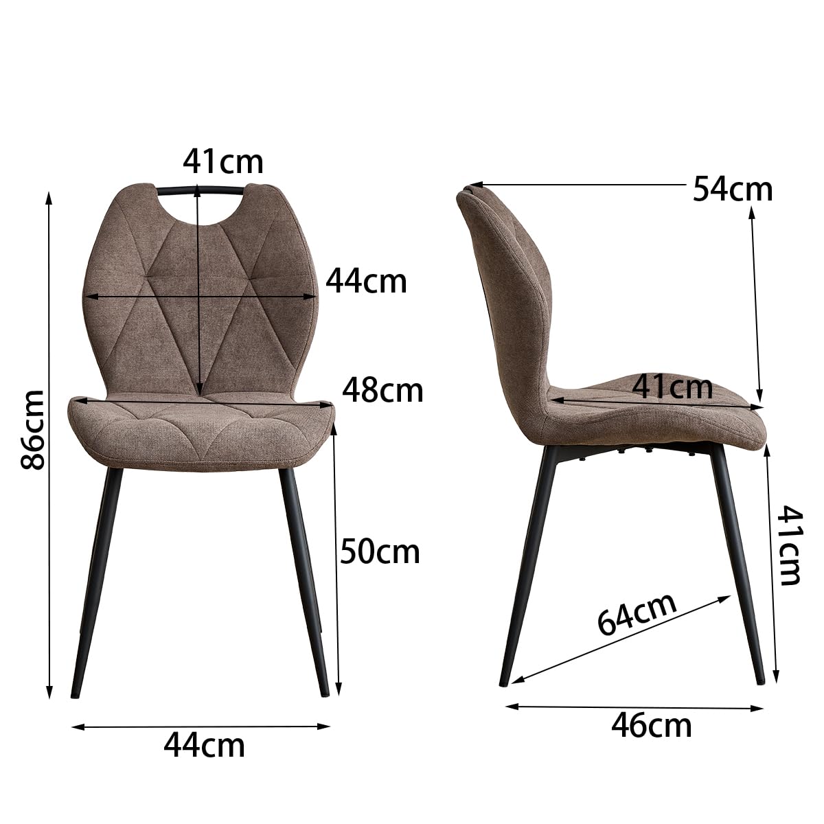 Juego de 4 Sillas, Sillas de Comedor Tapizadas, Sillas de Cocina de Estilo Escandinavo, Patas de Metal, Cojines de Tela con Estampado de Rombos y Asas, Marrón