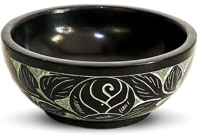 Kaizen Casa Hand Carved Natural Stone Bowl, Smudge Bowl, Stone Bowl, Smudge Pot, White Leaf Carved Design |Size_5 x 2  Black | Ritual Bowl Display Bowl Jewelry Dish Kitchen Table Decor Gift.