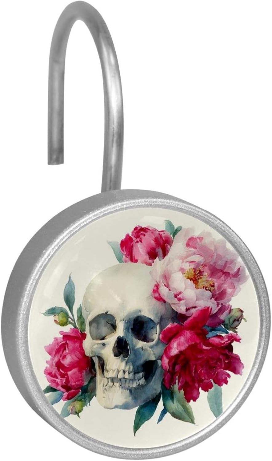 Watercolor Skull and Peonies Flowers (3) Rolling Shower Curtain Hooks,Clear Crystal Glass Art Decorative Stainless Bath Bathroom Set 12 Pcs