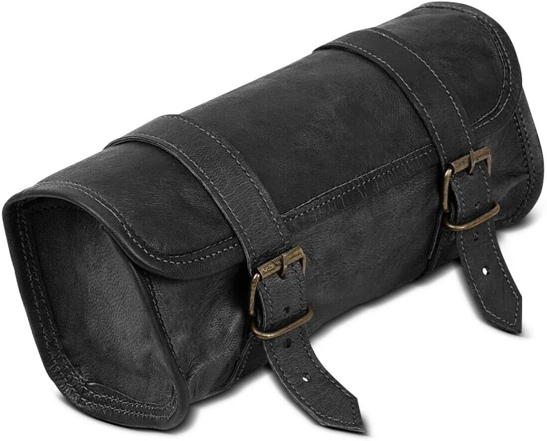 American blue Borsa da bicicletta in pelle, marrone, supporto per manubrio con cinghia regolabile, tasca con cerniera, custodia per accessori da viaggio, colore nero