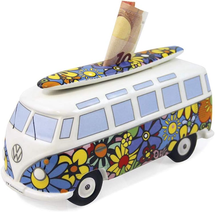BRISA VW Collection - Volkswagen Savings Bank Piggy Bank Money Coin Box with Surfboard in T1 Bus Samba Design (Flower Power/Multicolor)