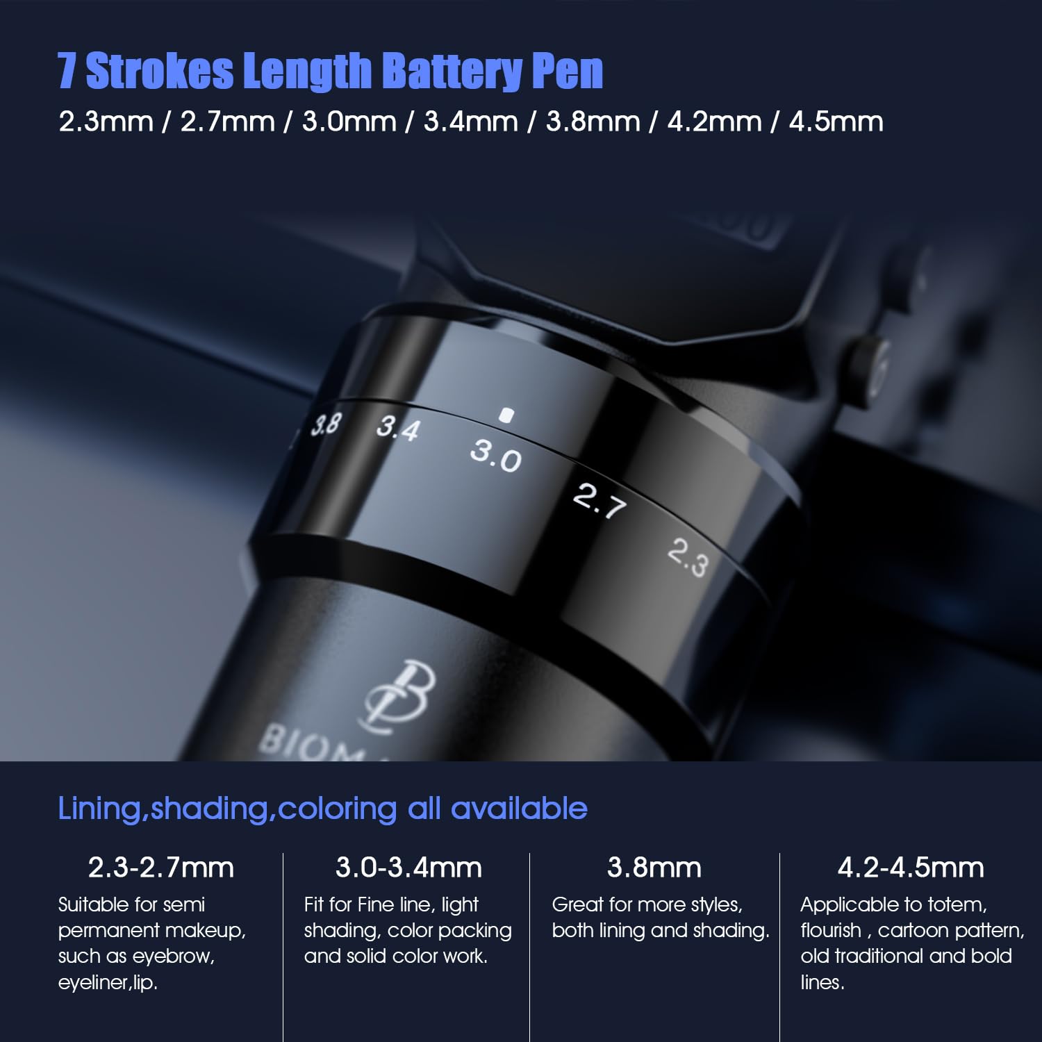 Biomaser Komplettes Kit mit 2200mAh Batterie Wireless Rotary Pen 20 Stück Kartuschen-Nadeln Digitales LED-Pen-Maschine 4,5 mm Hub Länge Kabelloser Maschinen-Pen für Anfänger