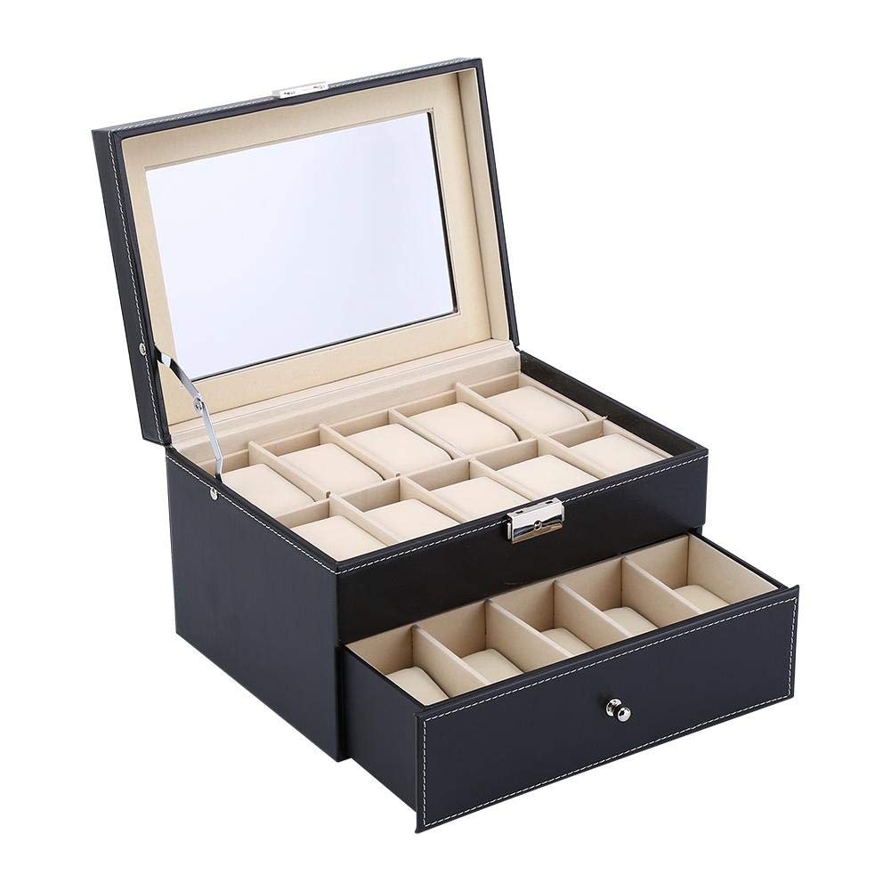 GOTOTOP Uhrenbox aus Holz und Leder, 20 Uhren Aufbewahrung Organizer mit Schublade, Elegant Uhrenkoffer für Schmuck und Armbanduhren