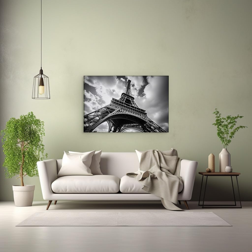 Canvas for Living room. Majestic Eiffel Tower Ascending to the Clouds in Timeless Monochrome, 27 x 18 inch Canvas Wall Art - Ready to Hang
