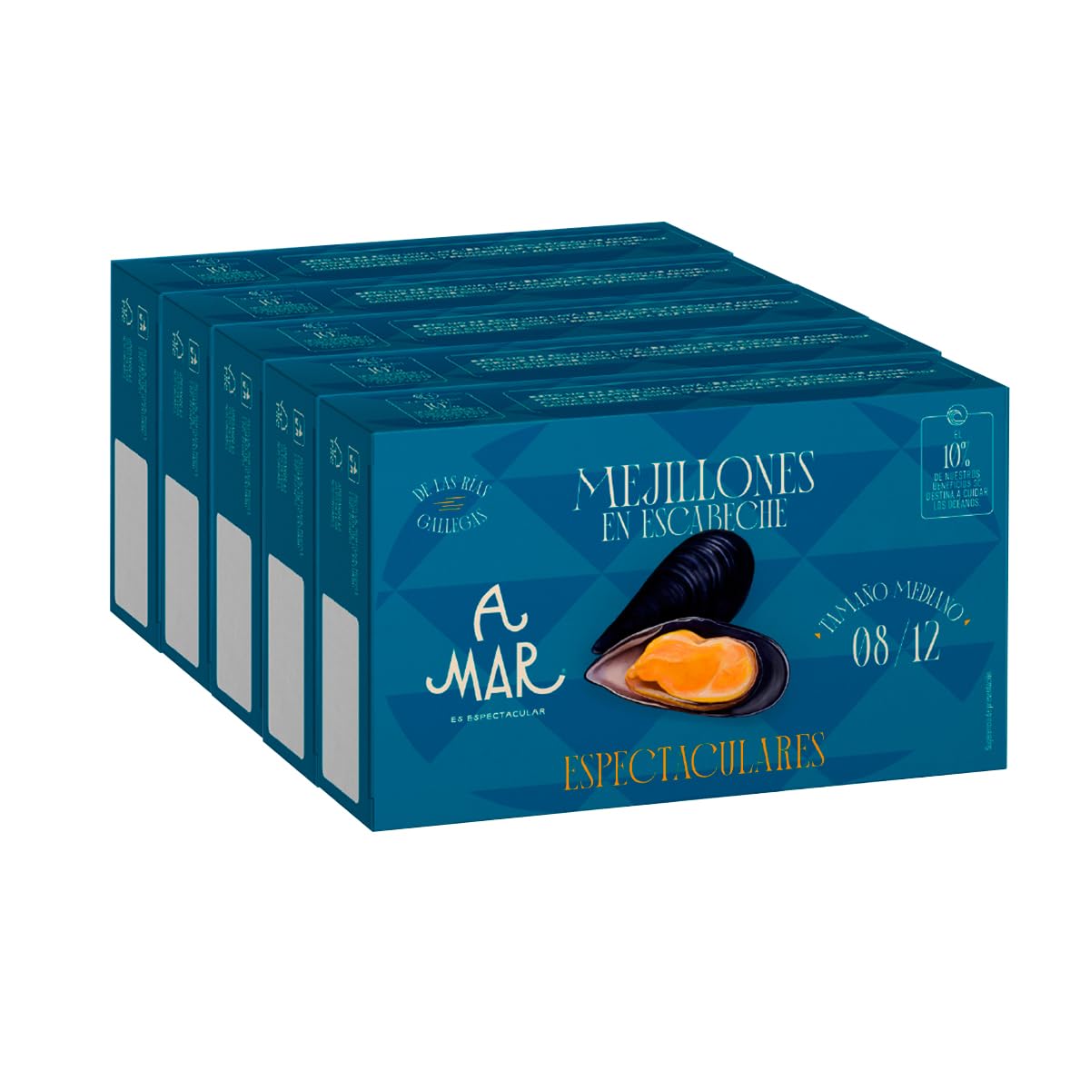 Mejillones en Escabeche A Mar Espectacular - Pack de 5 Latas de Mejillones 8-12 tamaño mediano - Mejillones de las Rías Gallegas - Conservas aperitivo Gourmet