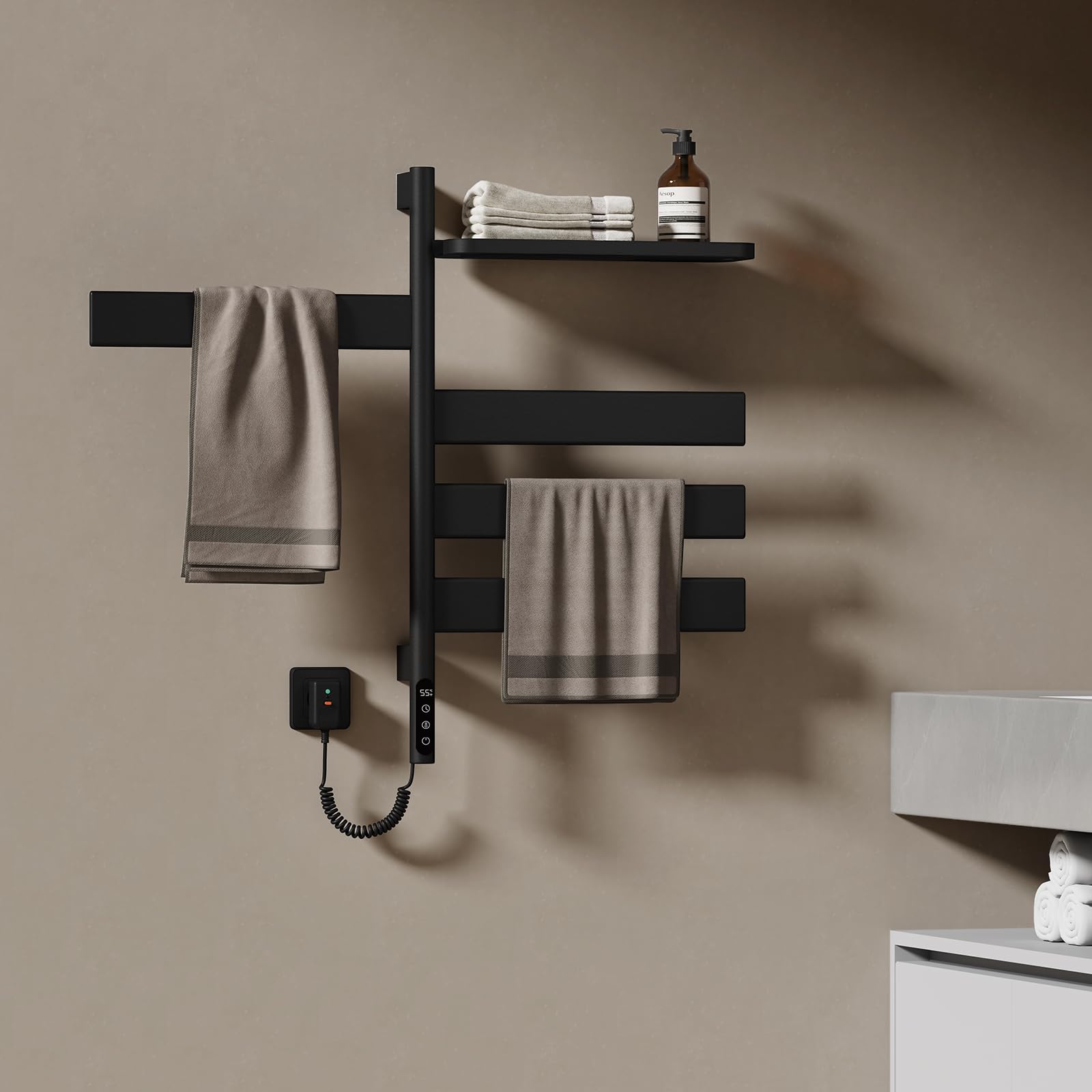 EMKE Toallero Eléctrico de Baño, Toallero Giratorio a 180°, Toallero Inteligente con Wi-Fi, Toallero Eléctrico 120W, Negro, 760x450x140 mm