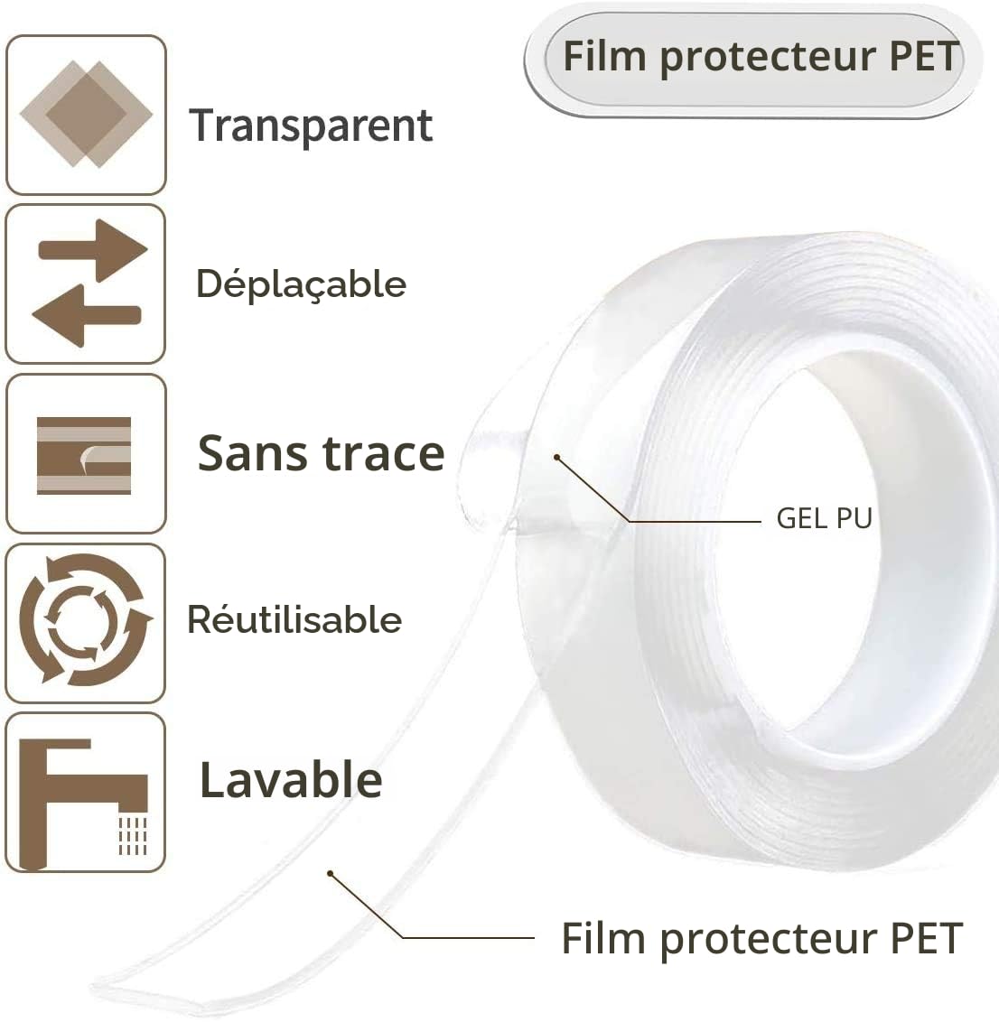 Ruban Adhésif Double Face Extra Fort 6M Nano Tape Transparent Lavable Antidérapant