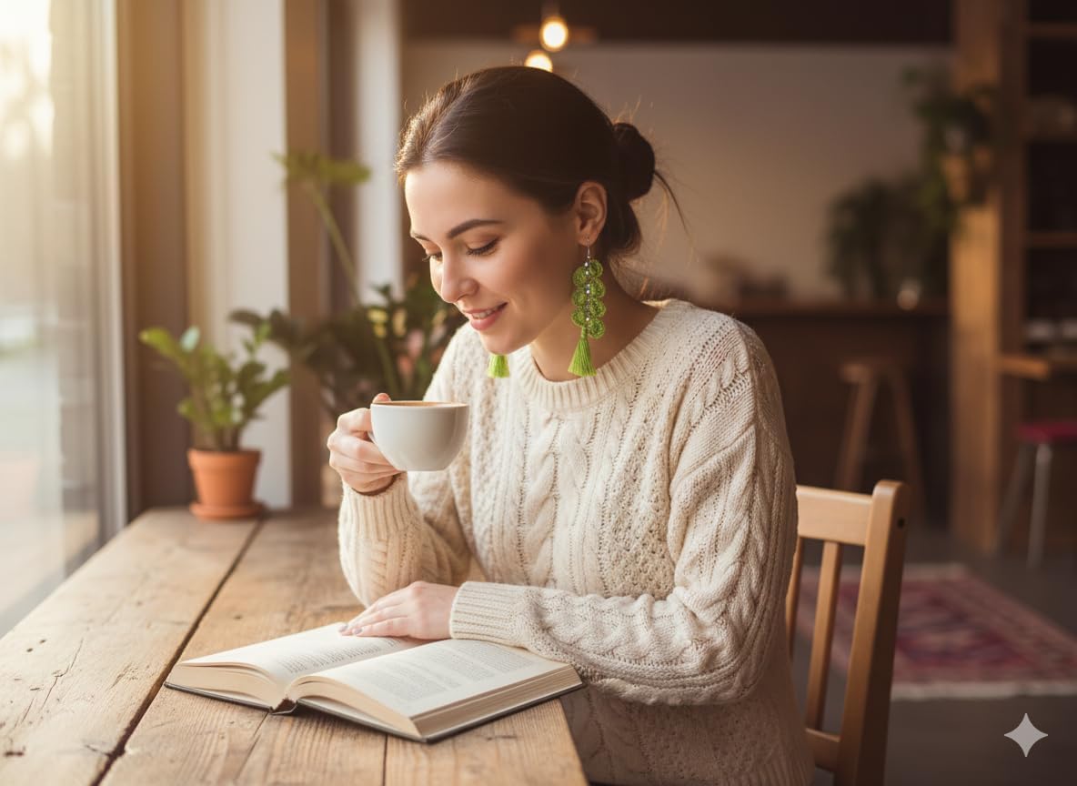 Handmade Green Crochet Tassel Earrings with Crystals, Genuine Thai Silk & Sterling Silver Hooks, Bohemian Dangle Earrings for Women - Image 7