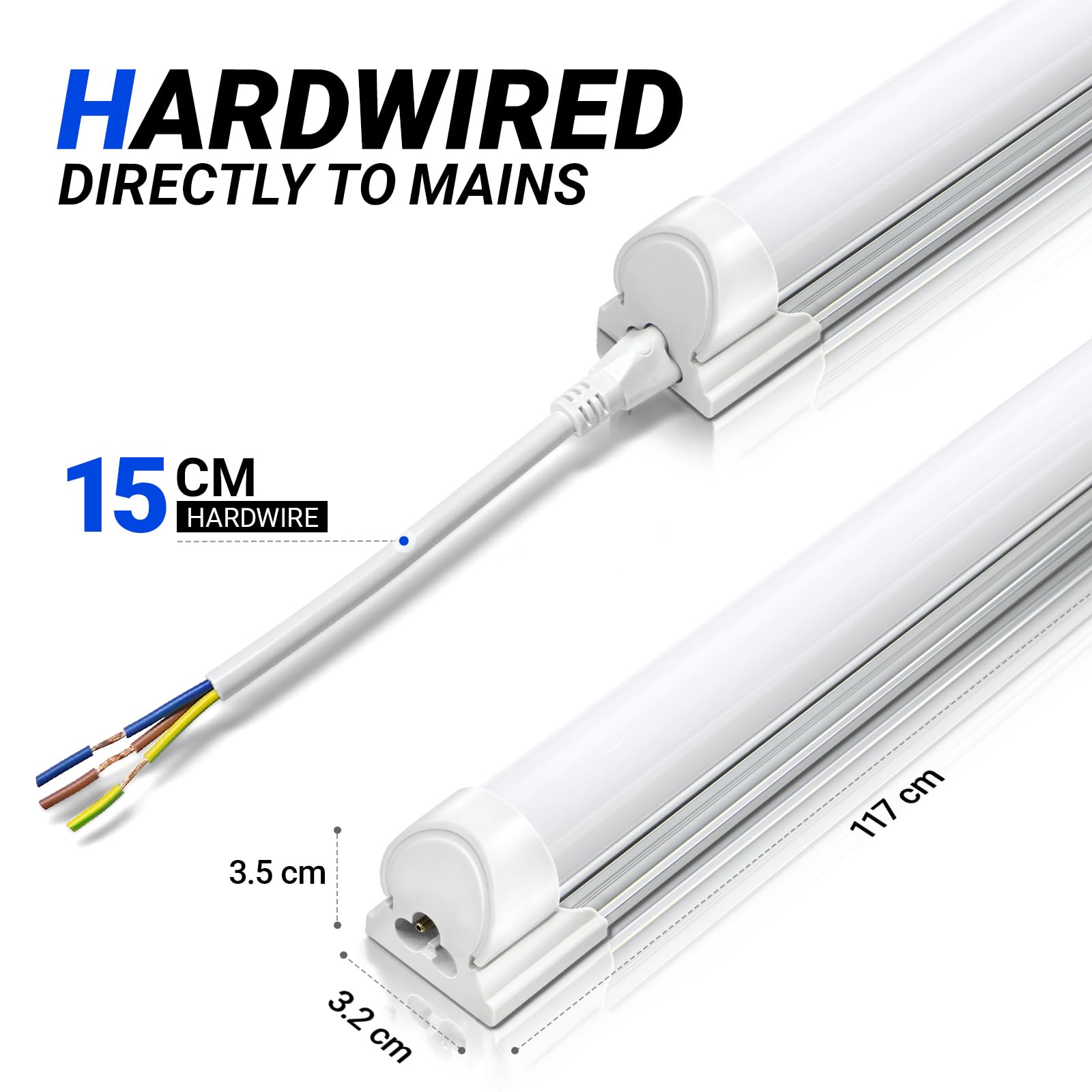 Barrina Lot de 2 lampes T8 Batten Light 117 cm, 36 W, 4200 lm, blanc froid 4000 K