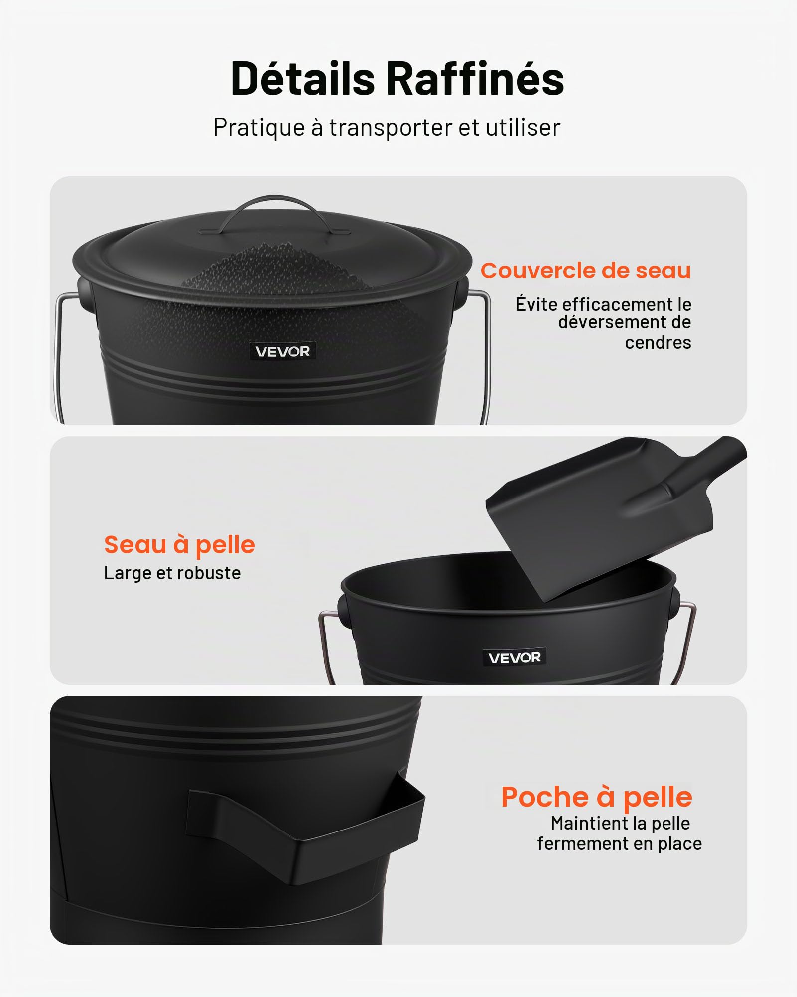 VEVOR Seau à cendres, 4 pièces, seau à charbon de bois et cendrier en métal avec couvercle, pelle, balai et gants, grande capacité de 9,8 L pour cheminée, foyers, poêles à bois, intérieur et extérieur