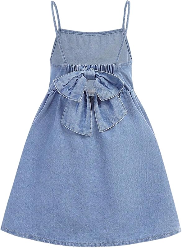 SHENHE Girl's Denim Dress Bow Back Spaghetti Strap Fit and Flare Jean Dress Skater Sundress