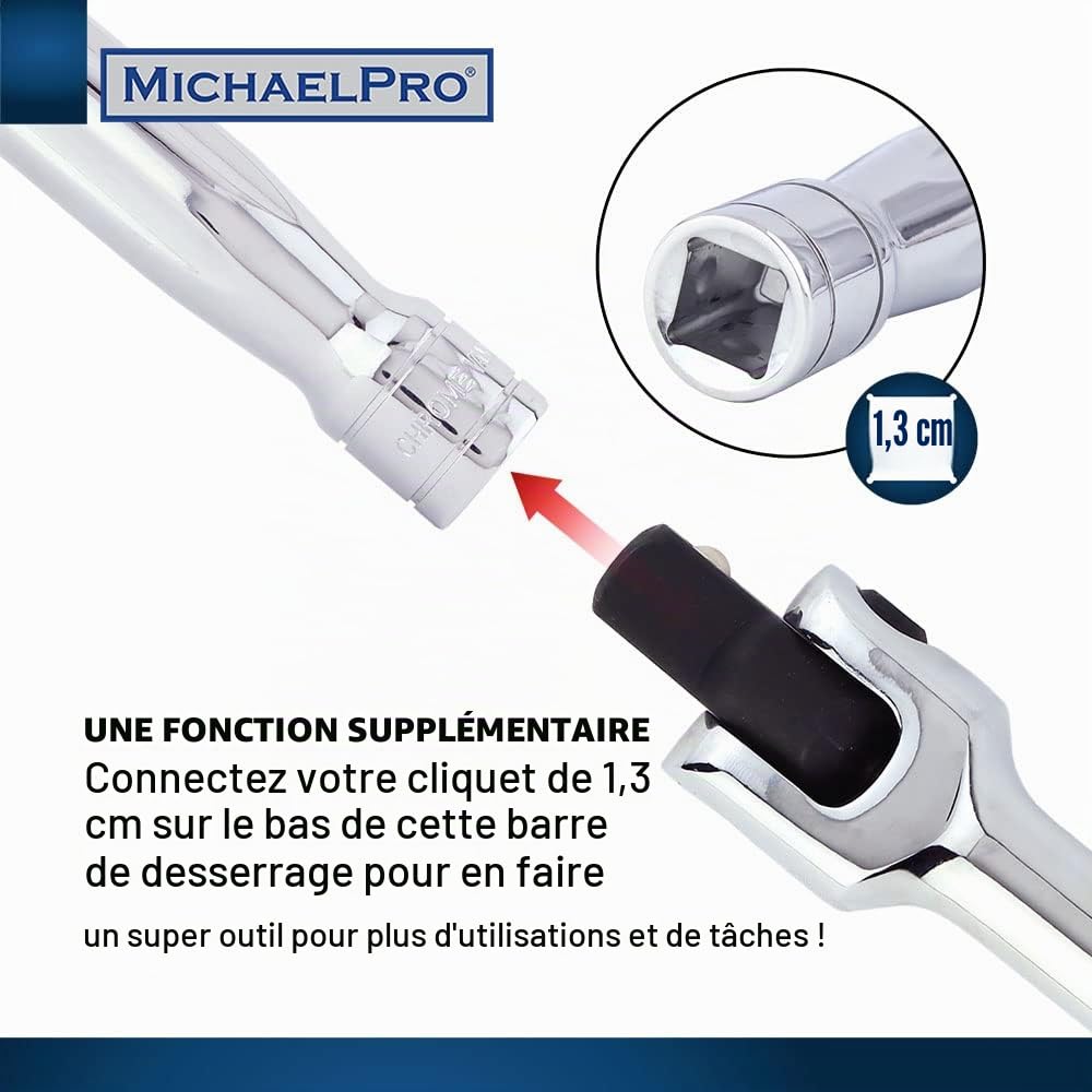 MichaelPro MP007003 Barre de disjoncteur d'extension 1,27 cm/poignée flexible, longueur 45,7 cm, connectez votre cliquet avec cette barre de disjoncteur, tête flexible rotative (longueur 45,7 cm)