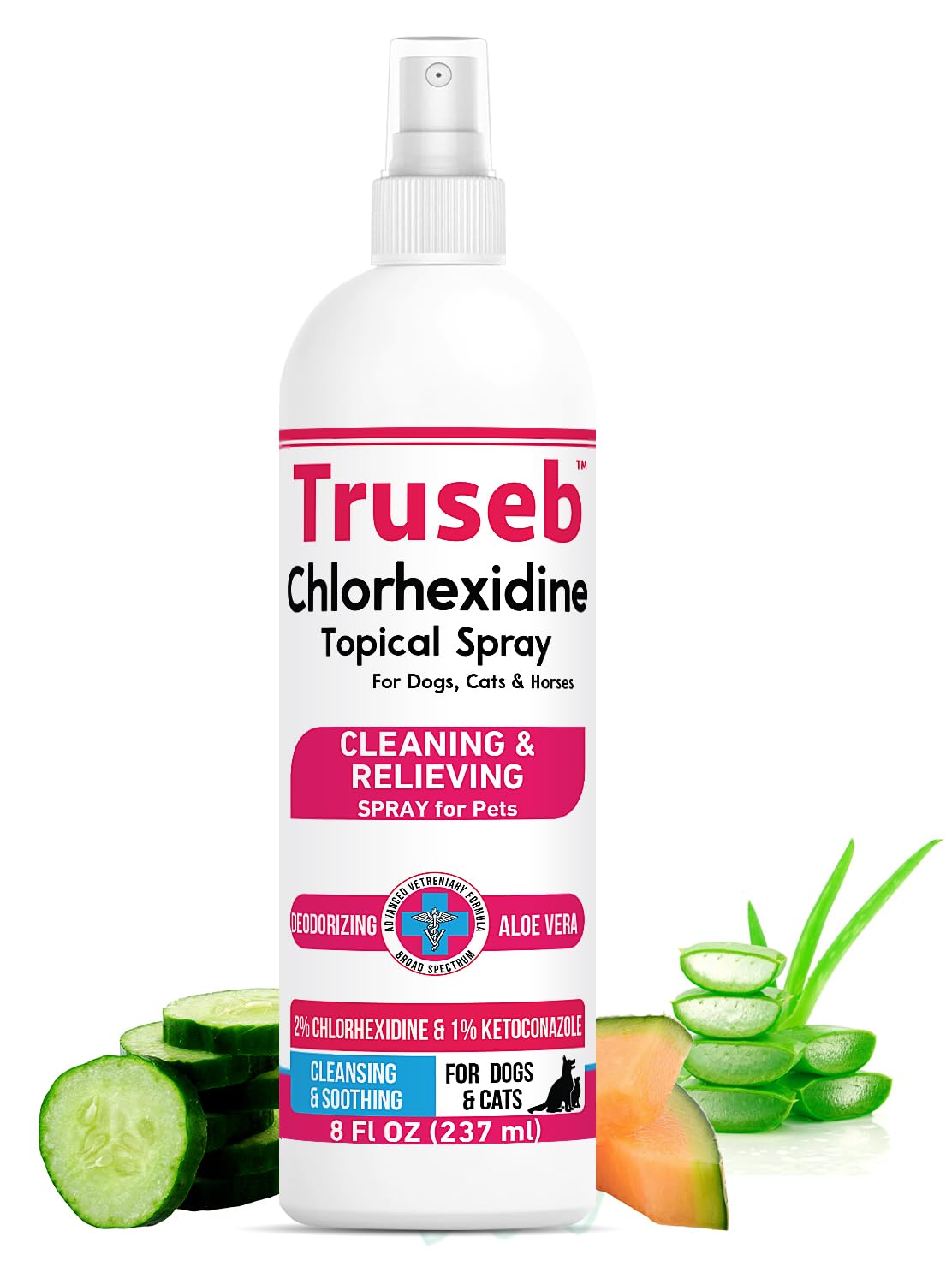 Truseb Advanced Strength Medicated Chlorhexidine for Dogs Cats Horses Skin Spray with Aloe Vera - Medicated Ketoconazole Spray for Skin Irritation,