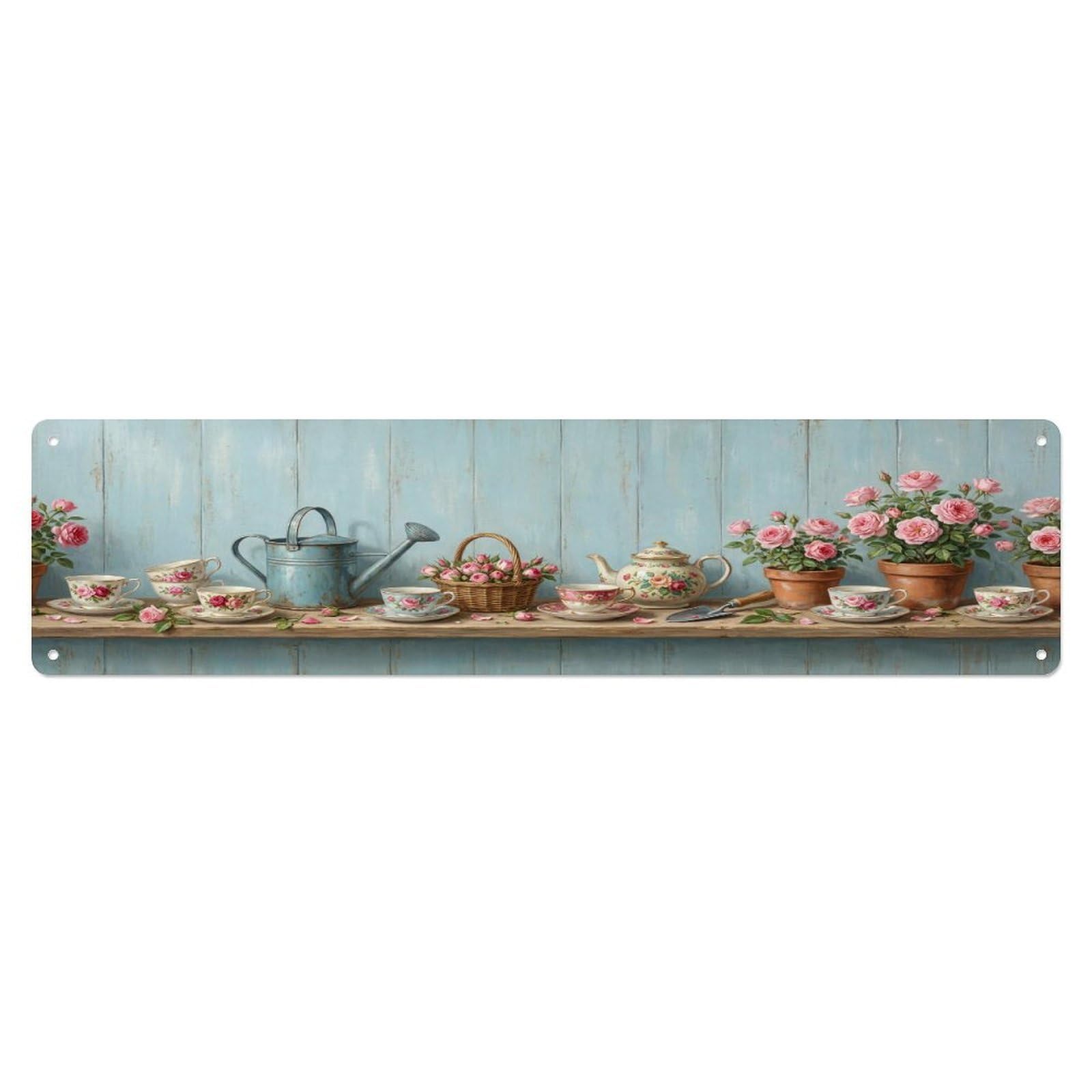 Floral Garden Tools Teacup Rose Pattern Print Metal Tin Sign