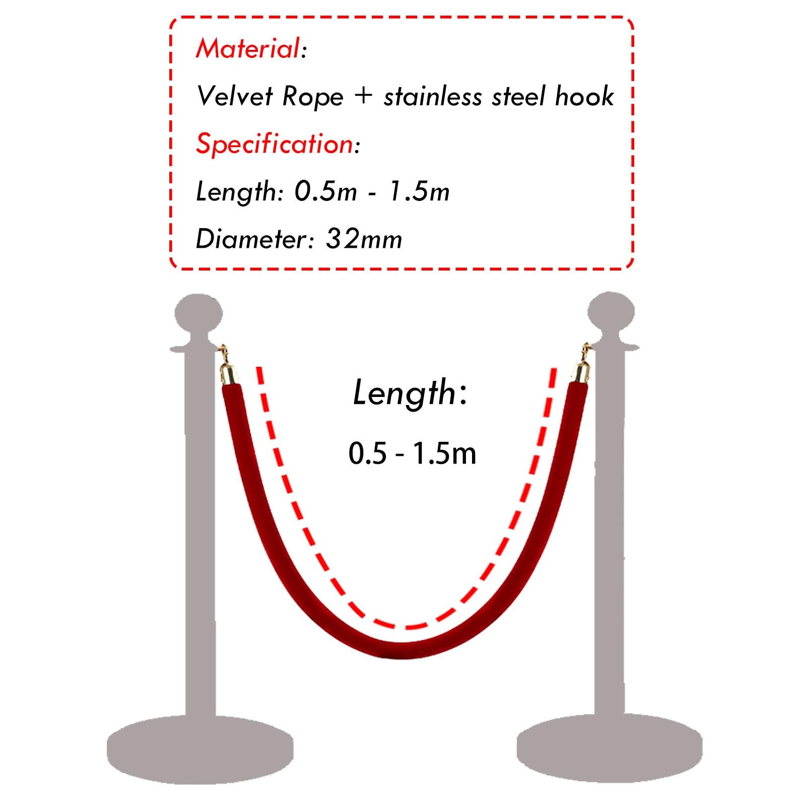 Confezione da 2 corde per coda VIP da 50 a 150 cm nero/blu/rosso con ganci argento/oro, corda per il controllo e la gestione della folla soluzione durevole della linea di coda
