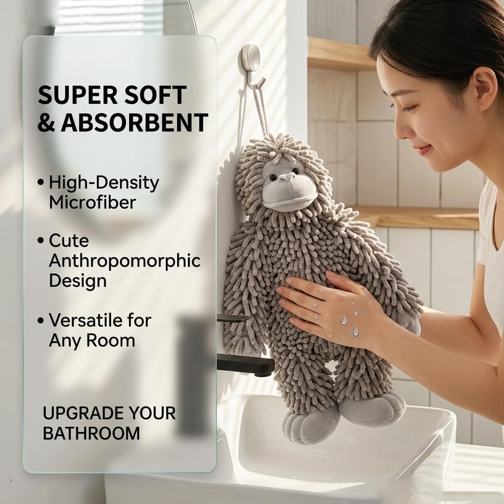 Chenille Plush Animal Hand Towel, Gorilla-Shaped Super Soft Absorbent Hanging Towel, Quick Dry Decorative Hand Drying Mop for Kitchen Bathroom, Cute Cartoon Rag (Grey)