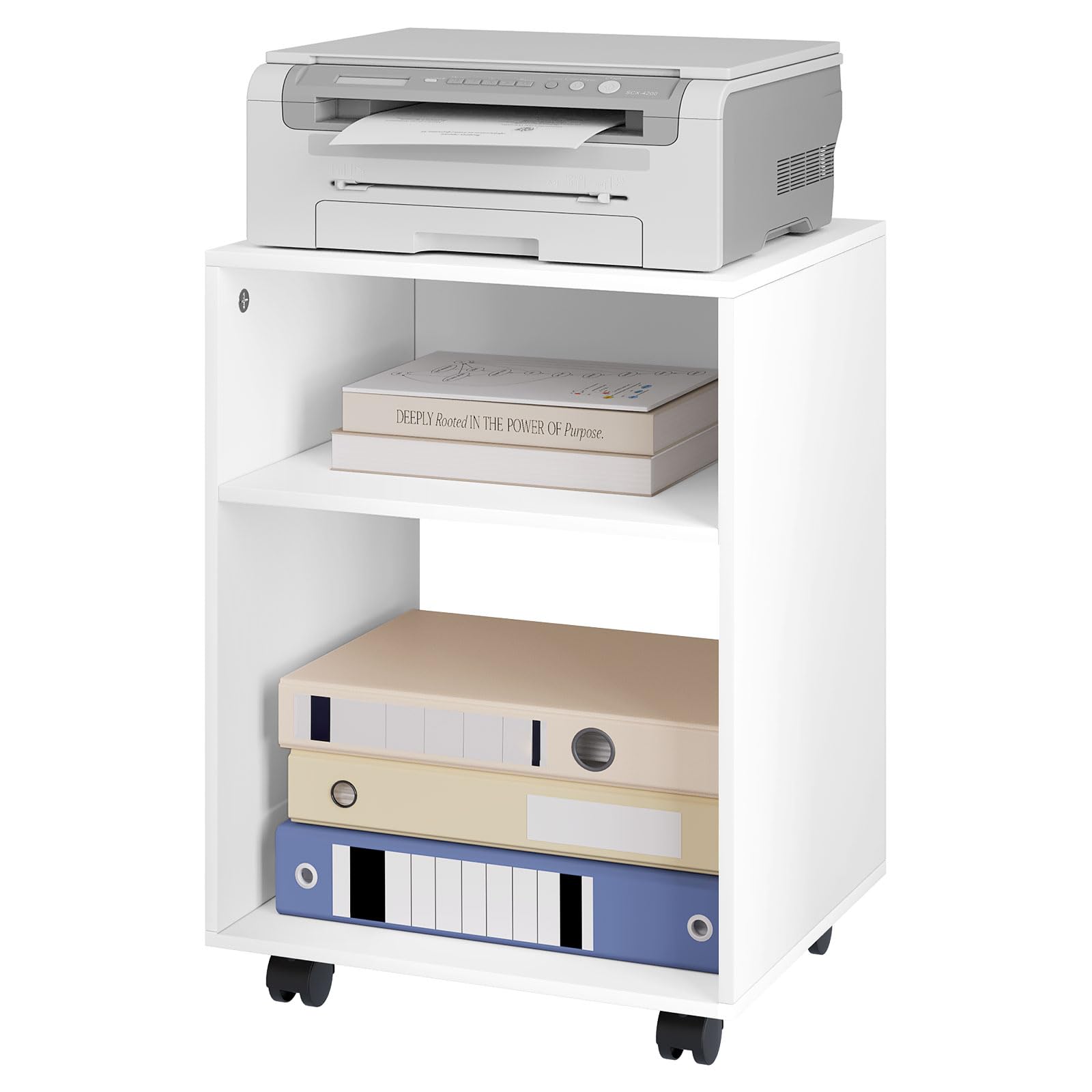 EUGAD Druckertisch mit Rollen, mit Bremsen, Mobiler Druckerständer mit 2 offenen Fächern, Druckerschrank weiß auf Holz, 40x55x35 cm, Druckerregal Druckerhalter für Büro Office, 0008CTG