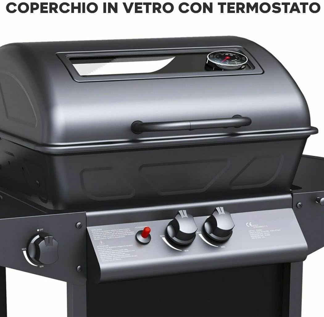 BAKAJI Barbecue a Gas e Pietra Lavica 2 Fuochi Bruciatori Griglia Acciaio inox con Piano d'appoggio e Fornello Laterali 2 Ruote e Coperchio Grill BBq per Esterno Giardino Terrazzo