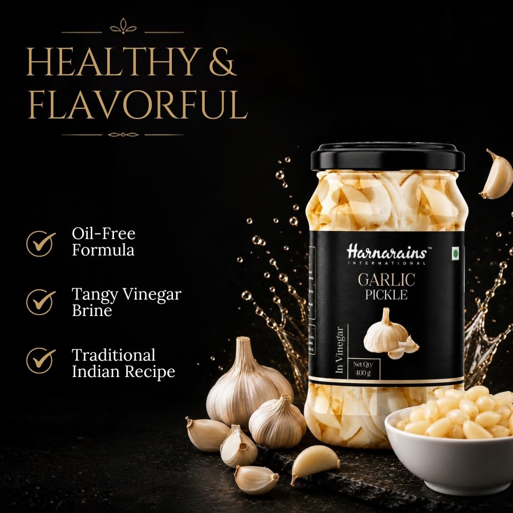 Harnarains Garlic Pickle in Vinegar (Sirka Wala Lahsun) – Oil-Free, Peeled Garlic Cloves in Brine | 400g | Preservatives 1