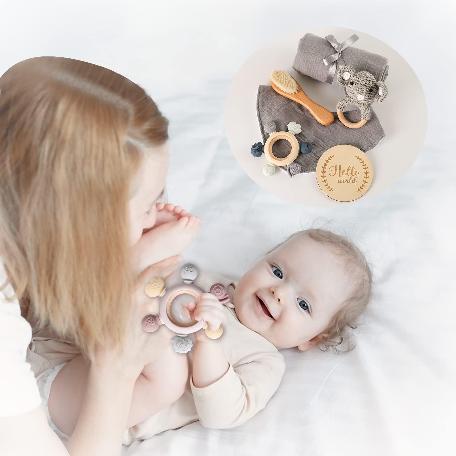 WOODEN TEETHER Baby Girl Gift Newborn Newborn Wooden Toy Party Grip Bath Towel Milestone Photo Cover Requists (Elephants) - Image 4