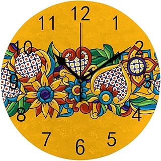 Kuizee Silent PVC Wall Clock Non Ticking Battery Operated Mexican Talavera Ornamental Flowers Yellow Uncovered Decoration Home Office Bedroom Living Room Mute Clock 9.8 Inch