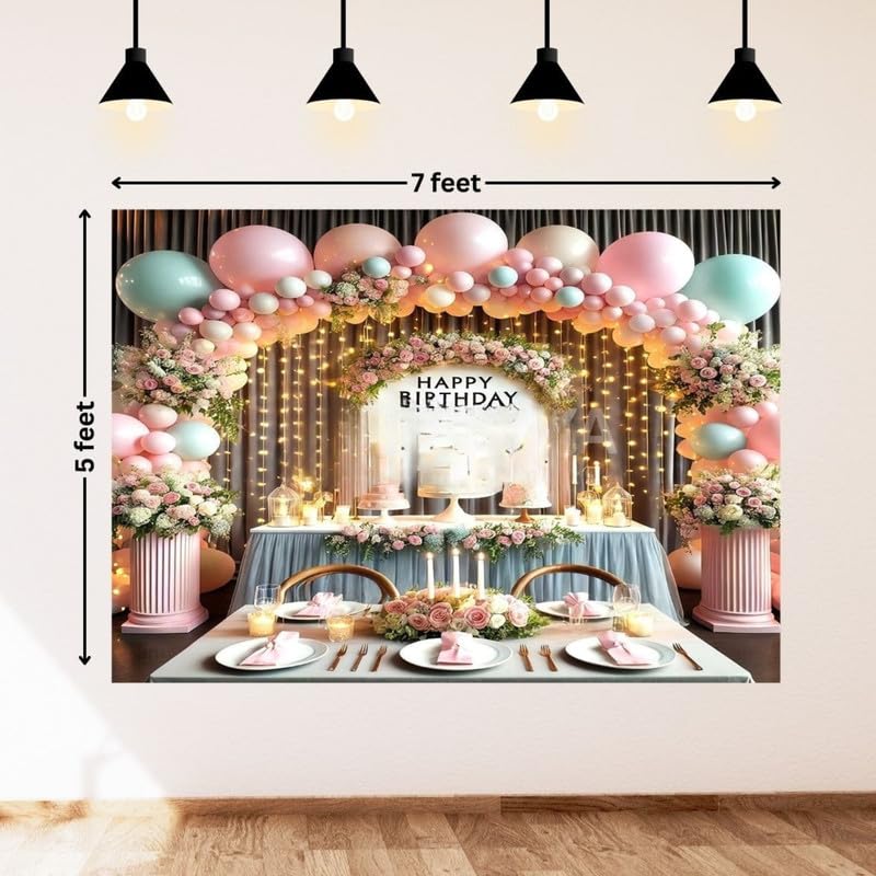 Image of Pastel Pink Balloon Party Backdrop with Floral Accents - Elegant Birthday Decoration and Photo Background Setup