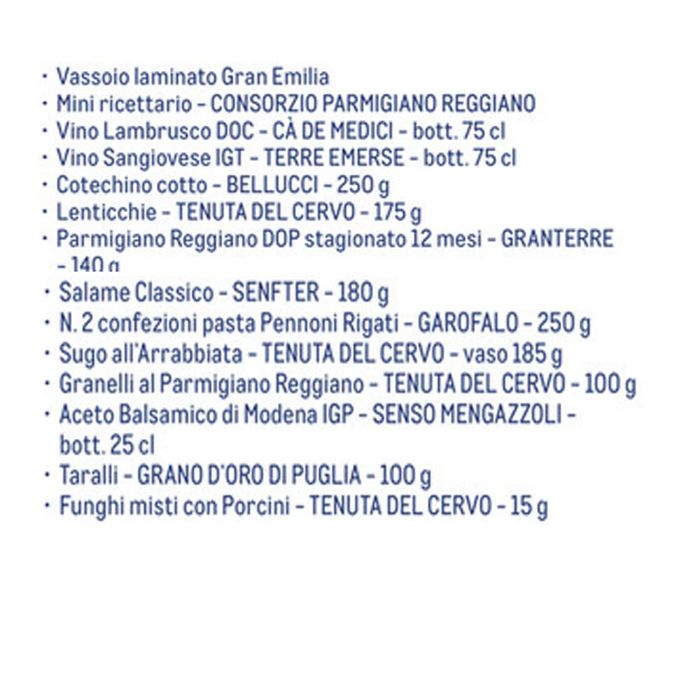 Cesto di Natale | Regalo Natalizio | Gran Emilia | Selezione Prodotti Emiliani Gourmet | 15 Pezzi | Ricettario Consorzio Parmigiano Reggiano | Sangiovese IGT | Sale Rosa Himalaya