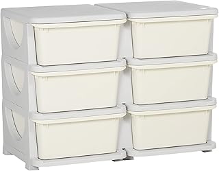 Qaba 3 Tier Kids Storage Unit, 6 Drawer Chest Toy Organizer Plastic Bins for Kids Bedroom Nursery Kindergarten Living Room for Boys Girls Toddlers, Cream